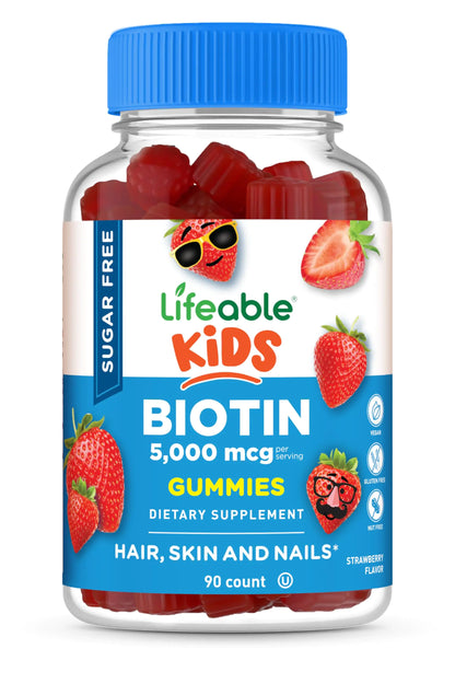 Lifeable Sugar Free Kids Biotin Gummies | 5000mcg | Great Tasting Biotin Supplement | Biotin Gummies for Hair Growth Skin and Nail Health | Hair Vitamins for Kids Boys Girls | 90 Gummies